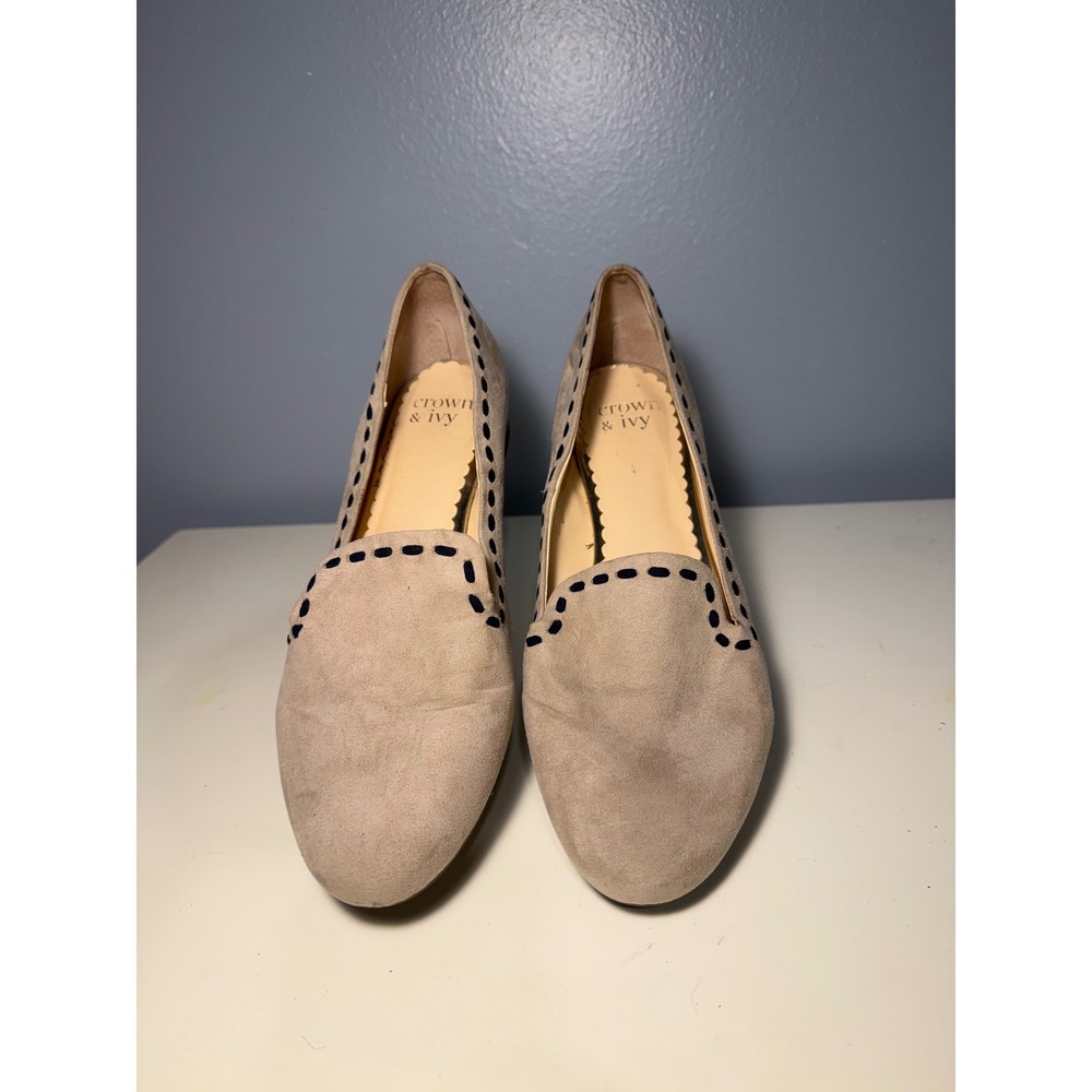 Crown & Ivy CI-Colette Tan Fabric Whipstitch Loafers Womens 9M Beige Flats
